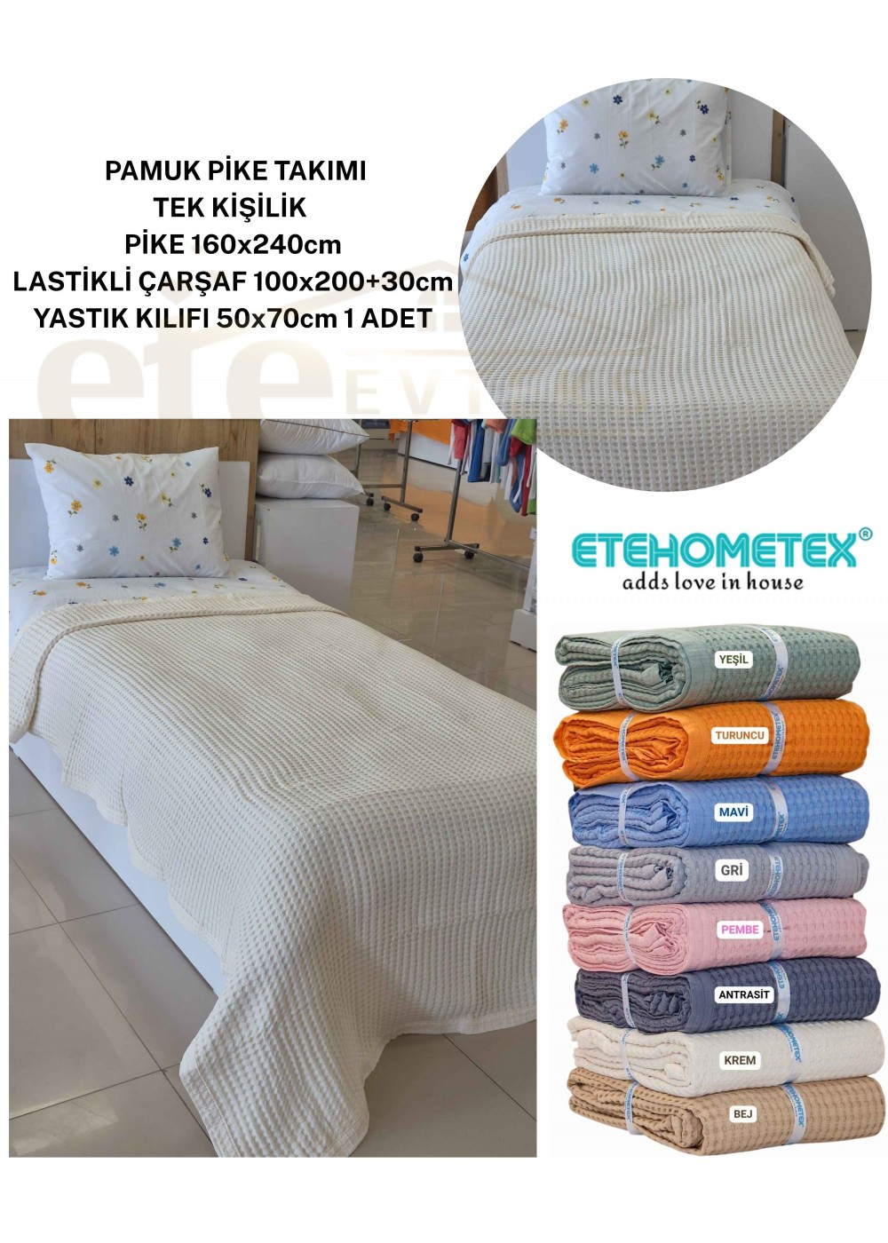 ETEHOMETEX HAVUZLU PİKE TAKIMI %100 PAMUK TEK KİŞİLİK KREM 8696474232109